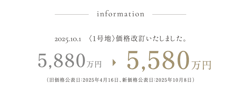＜1号地＞価格改定いたしました。 5,880万円→5,580万円（旧価格公表日：2025年4月16日、新価格公表日：2025年10月8日）