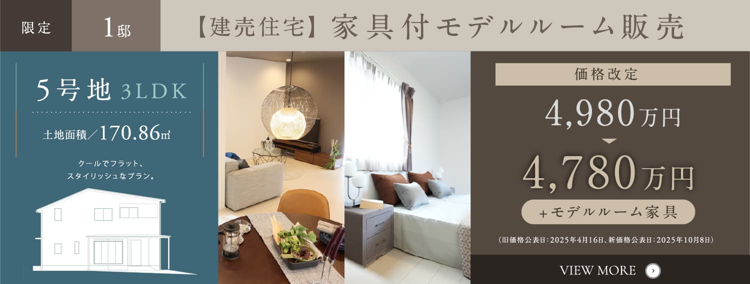 限定1邸【建売住宅】家具付モデルルーム販売 価格改定 4,980万円→4,780万円+モデルルーム家具（旧価格公表日：2025年4月16日、新価格公表日：2025年10月8日）